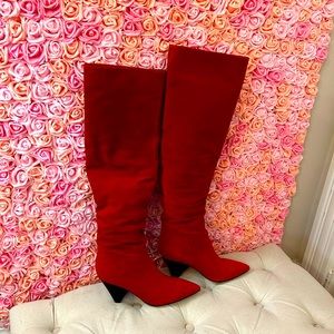 Marc Fisher red  OTK Sued boots